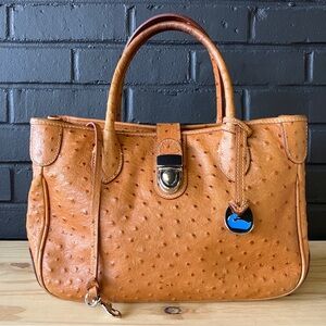 Dooney Bourke Ostrich Embossed Leather Cognac Brown Handbag Satchel Purse-